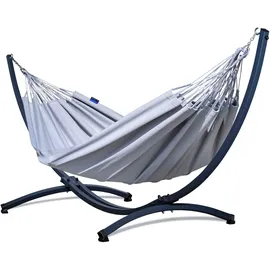 Potenza Outdoor Hängematte mit Gestell für 2 Personen I Merida- Baumwolle Doppelhängematte XXL 220x160, 220kg I Hängemattengestell 220kg, wetterfest (Grau, Basic Gestell Graphit)