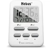 MEBUS Funkwecker mit Temperaturanzeige in Reisegröße, Funkuhr (DCF77), Zwei Weckzeiten, Alarm mit Weckwiederholung (Snooze), Datum, Wochentag, Displaybeleuchtung, Farbe: Weiß, Modell: 25800