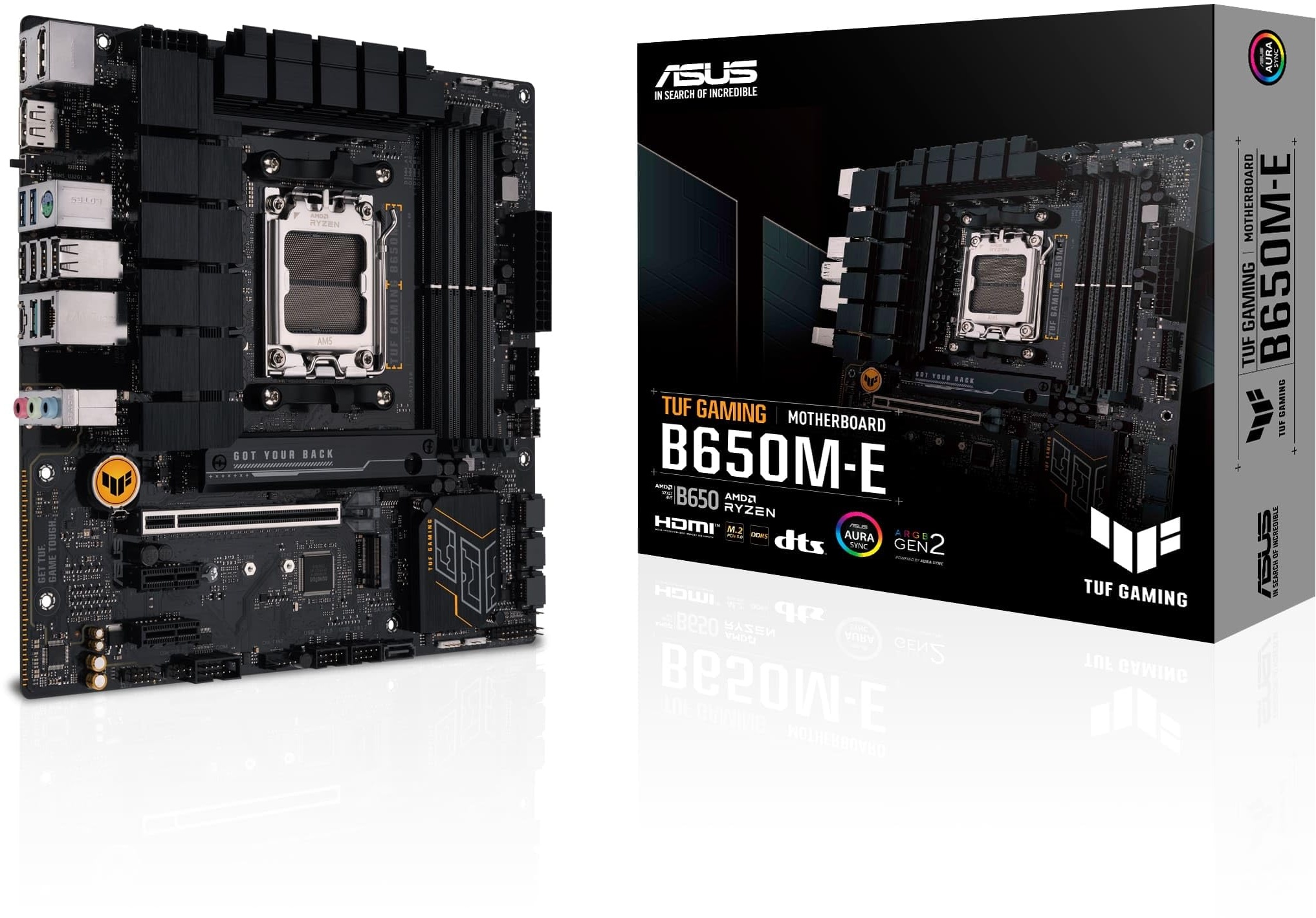 ASUS TUF Gaming B650M-E AMD mATX Mainboard 8+2 DrMOS DDR5, PCIe 5.0, 2 M.2 Steckplätze, Ethernet Realtek 2.5 GB, 2 DisplayPort, HDMI, USB Type-C, bidirektionale AI-Rauschunterdrückung und Aura Sync