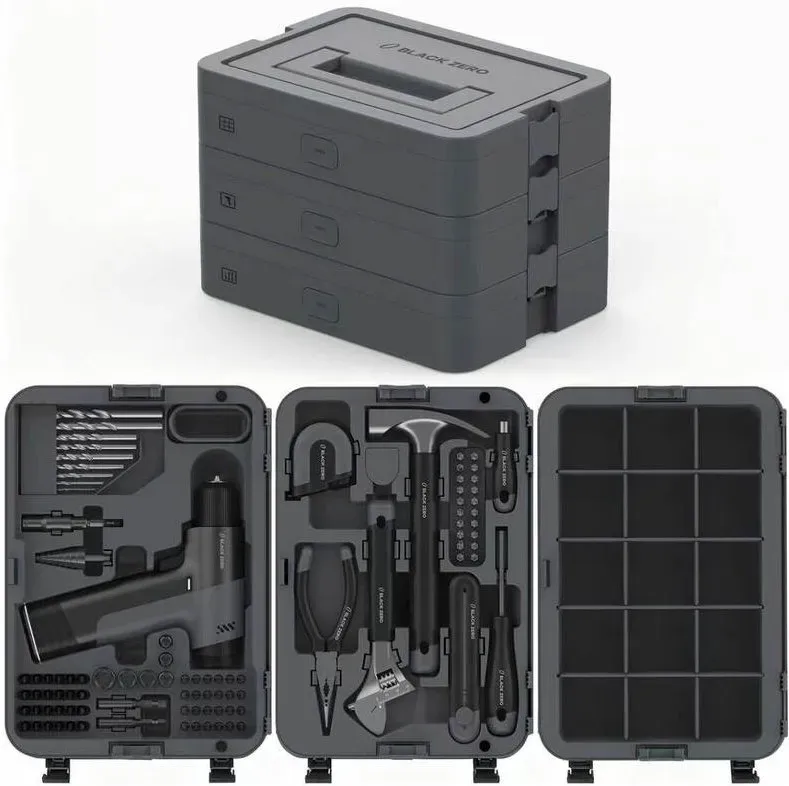 BLACKZERO Akku-Bohrschrauber Set, Premium 3-Ebenen Werkzeugkoffer mit Bohrer & Handwerkzeugen, All-in-One Profi-Werkzeugset für Haushalt, DIY & Reparaturen