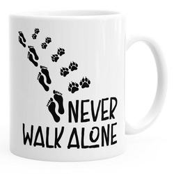 MoonWorks Tasse Kaffee-Tasse Never walk alone Hund Pfoten Hundepfoten Pfotenabdrücke Hundebesitzer MoonWorks®, Keramik weiß