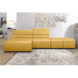 Ecksofa EGOITALIANO "Babouche, Designsofa mit außergewöhnlichem Sitzkomfort zum Wohlfühlen", gelb, B:384cm T:98cm, Leder u00bbBULLu00ab (echtes Rindsleder). Geschliffenes, pigmentiertes und behandeltes Rindsleder mit einer Dicke von 1, 3-1, 5 mm. Dieses Leder zeigt eine ziemlich weiche Hand mit einem halb undurchsichtigen Aussehen. Es handelt sich um ein geschütztes Leder. Eine leichte Deckschicht schützt sie vor Flecken, ohne ihre ursprünglichen Eigenschaften zu verändern. Die geschützten Leder kombinieren die Vorteile von Natürlichkeit und Weichheit mit einer guten Beständigkeit gegen Verschleiß und Ausbleichen. Das Vorhandensein der charakteristischen Zeichen, die das Leben des Tieres bestimmen, wie Narben, Körnungsunterschiede, Falten, Adern, Disharmonien in Farbtönen, beweisen ihre absolute Echtheit und großen Wert., Sofas