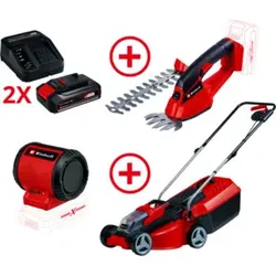 Einhell Akku-Rasenmäher + Akku-Gras- und Strauchschere + 2x 2,5 Ah Starter-Kit + Akku-Lautsprecher