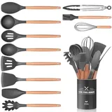 12 Stück Schwarz Küchenhelfer Set, Silikon Küchenutensilien Set, Antihaft Hitzebeständiger Holzgriff Kochbesteck mit Utensilienhalter, Silikonspatel Kochgeschirr Set