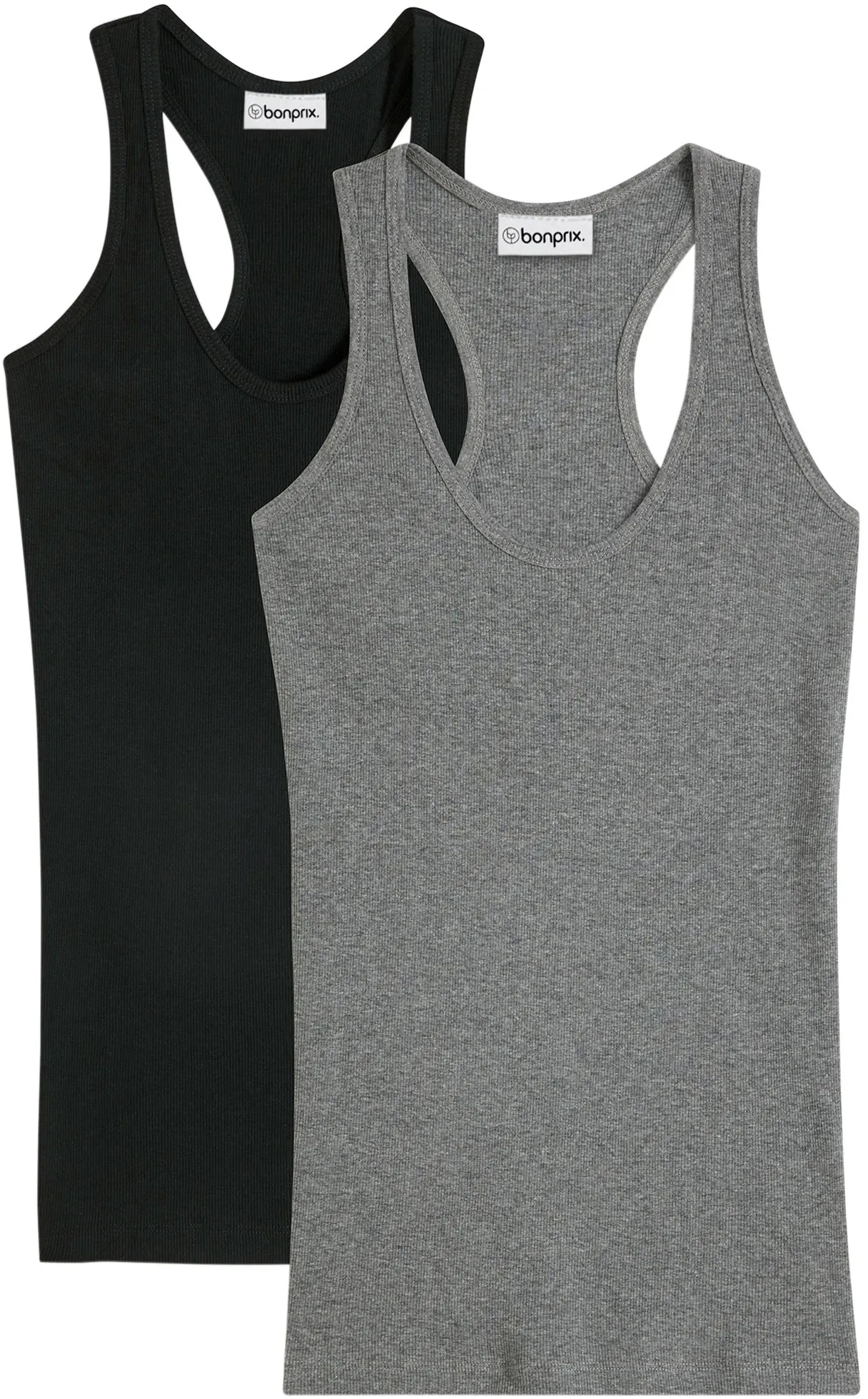 Tanktop BONPRIX, Damen, Gr. 40/42 (M), schwarz, grau meliert, Feinripp, Obermaterial: 100% Baumwolle, mehrfarbig, unifarben, eng hüftbedeckend, tiefer Rundhals, eingefasste Kante, Tops Tanktop, Ringerrücken, Ripp-Qualität