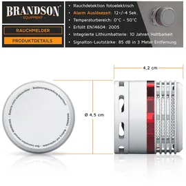 Brandson 4x Rauchmelder Mini - 10 Jahre Batterie - Lithium Ionen Batterie 1500 mAh - Lautstärke 85 db - LED Indikator - Prüftaste
