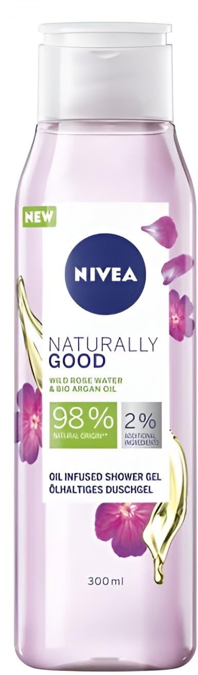 NIVEA Shower Gel 300ML Women Rose Water&Argan Oil (Pack of 4) shower gel is a natural, gentle cleanser with a 99% biodegradable formula, suitable for all skin types, made from 97% recycled PET plastic