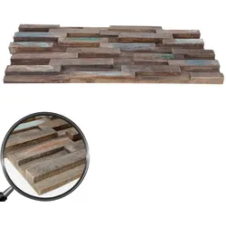 Mendler 10er-Set Teak-Holzfliesen HWC-B95 (1qm), 3D Wandfliesen Wandverkleidung Mosaikfliesen Wandpaneele vintage braun