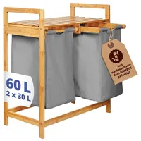Lumaland Wäschekorb aus Bambus mit 2 ausziehbaren Wäschesäcken | 73 x 64 x 33 cm Dunkelgrau
