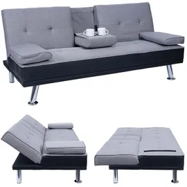 Mendler 3er-Sofa HWC-F60, Couch Schlafsofa Gästebett, Tassenhalter verstellbar 97x166cm ~ Kunstleder/Textil, schwarz/hellgrau