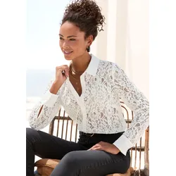 Spitzenbluse, mit Hemdblusenkragen, Spitzenbluse, transparente Bluse, festlich, Gr. 44, weiß, , 29396911-44