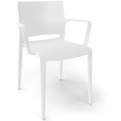 Bakhita“ weiße Stühle mit Armlehnen. Stapelbare Möbel für Terrasse, Innen- und Außenbereich von Restaurants und Cafeterias.