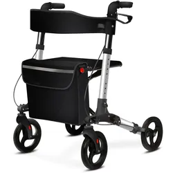 aktivshop Rollator faltbar und leicht mit Sitz, Leichtgewicht-Reiserollator aus Aluminium, Gehhilfe 8-fach höhenverstellbar, Laufhilfe 3-fach faltbar für Kofferraum, Tasche & Schirmhalter