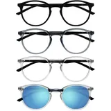 OPULIZE Met 4er-Pack Lesebrille Mit Sonne Leser Groß Runden Schwarz Grau Klar Herren Damen RRRS60-17CC +1,00