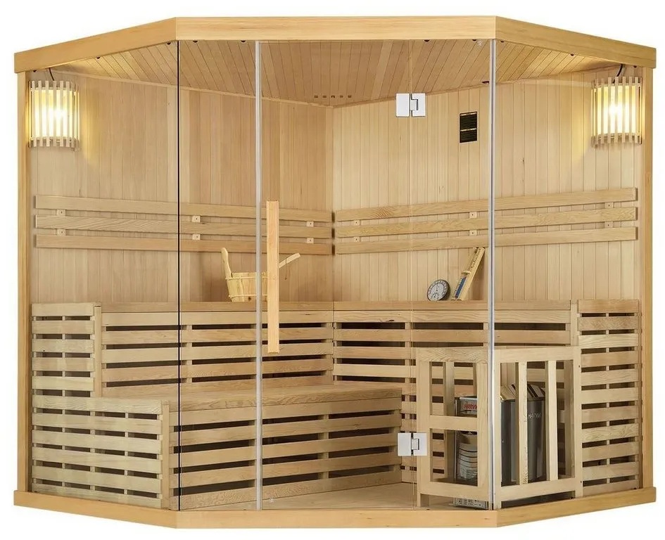 Artsauna Sauna Espoo200 Premium, 50 mm, für 5 Personen, Hemlock Holz, Harvia Ofen, Sanduhr, Thermo-Hygrometer braun