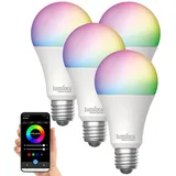 Luminea Home Control 4er-Set WLAN-LED-Lampen, E27, Matter-kompatibel, RGB, CCT, 806 Lumen