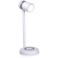 Grundig Schreibtischlampe LED 3-in-1 - Qi-Technologie - Kabelloses Handy-Ladegerät - Bluetooth-Lautsprecher - 4 Standfüße - Weiß