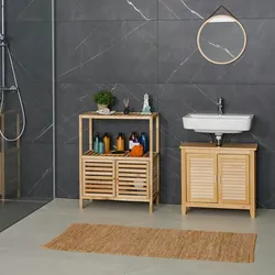 Relaxdays Badregal, Walnussholz, HBT: 86 x 67,5 x 35,5 cm, Badschrank mit 2 Türen, 2 Ablagen, Badezimmer & Küche, natur