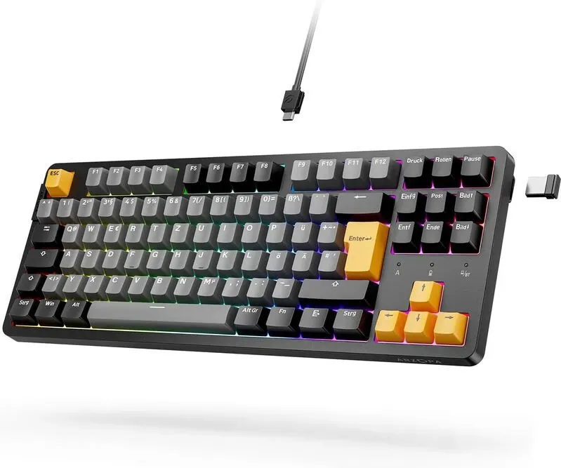 【QWERTZ】Arzopa 80%-Gaming-Tastatur mit deutschem Layout, 87 Tasten, mechanische Tastatur mit Gasket-Montage, kabellos/kabelgebunden/Bluetooth – RGB, Hot-Swap – PBT-Tastenkappen – für Windows, Mac, Linux