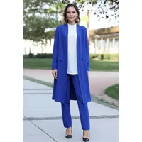 Modavitrini Hosenanzug Zweiteiler Damen Anzug Langarm Longblazer mit Hose Modest Fashion (Anzug Set) Offene Front ohne Verschluss blau