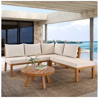 Flieks Gartenlounge-Set, 5-Sitzer Balkonset Gartenmöbel Akazienholz Ecksofa mit Couchtisch beige