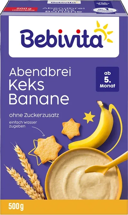 BEBIVITA Abendbrei Keks & Banane Baby Getreidebrei, ab 5. Monat, 500 g Packung, ohne Zuckerzusatz