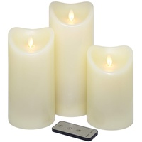 Tronje LED Echtwachskerzen 3er Set mit Timer u. Fernbedienung 15/19/23cm Kerzen mit beweglicher Flamme Creme-Weiß