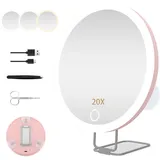 JJhxr 20X Vergrößerungsspiegel mit Licht, 6“ großer Makeup Vergrößerungsspiegel, 3 Farben Dimmbarer Makeup Spiegel mit 360° Tischständer, Tragbarer LED Vergrößerungsspiegel mit 3 Saugnäpfen