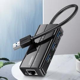 UGREEN Hub 3x USB 3.0 externer Netzwerkadapter RJ45 Giga Ethernet schwarz
