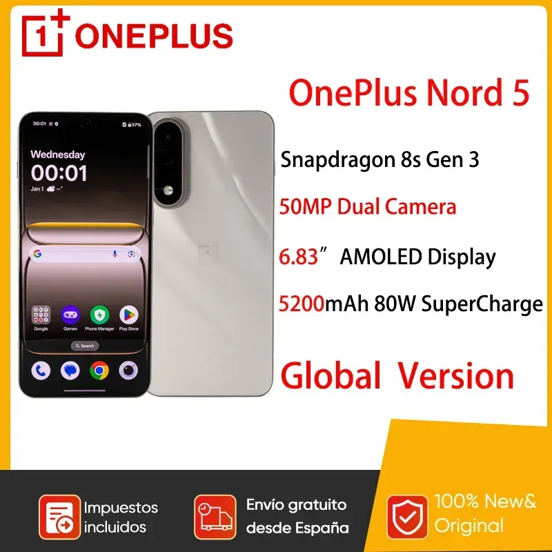 OnePlus Nord 5 Smartphone 5G Snapdragon 8s Gen 3 6,83 Zoll AMOLED-Display 144 Hz 5200 mAh 80 W SUPERVOOC-Aufladung 50 MP Dual-Kameras