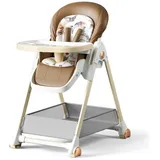 Reenborn PU-Leder Kinderhochstuhl, Klappbarer Umbaubarer Hochstuhl Baby mit Liegefunktion, Hochstuhl Baby mit 6 Höhen 3 Liegepositionen, Baby Essen Stuhl Abnehmbaren Doppeltabletts und Rädern (Khaki)