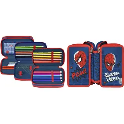 Federmäppchen SCOOLI "Tripledecker, Spider Man", Kinder, bunt (spider man), Polyester, Schreibgeräteetuis, befüllt, inklusive Geodreieck