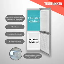 Telefunken Kühl-Gefrierkombination Kühlschrank groß mit Gefrierfach 174 Liter Nutzinhalt freistehend