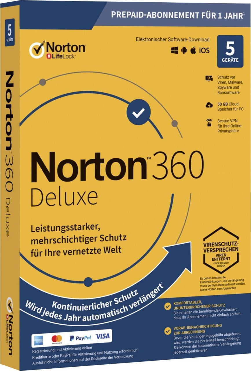 Norton 360 Deluxe, 50 GB de copia de seguridad en la nube 5 dispositivos 1 año
