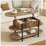 FABATO Couchtisch oval, höhenverstellbar mit verstecktem Stauraum, 3-Etagen-Design (1-St), 105.9×45×50-63.5cm, natur braun