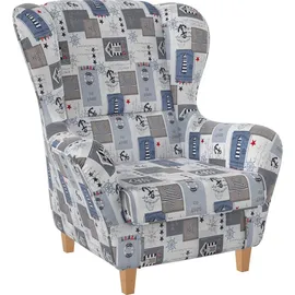 Supellex Ohrensessel Sofia Patchwork maritime Motive 92 x 68 x 95 cm Blau mit Hocker