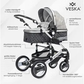 veska VESKA® 3 in 1 Kombi-Kinderwagen inkl. Babyschale, Buggy, Jogger mit Wickeltasche, Moskitonetz, Regencover, Spieltisch, Autoschale Fußsack, QuickFold, Aluminiumrahmen Silber - anthrazit/anthrazit