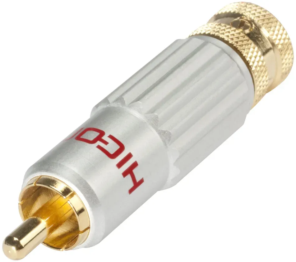 HICON Cinch / RCA mit Pressspangen-Verriegelung, 2-pol , Metall-, Löttechnik-Kabelstecker, vergoldete(r) Kontakt(e), gerade, Silbermatt-Finish