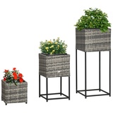 Outsunny Hochbeet Set, 3-TLG. Rattan Blumenkasten mit Ständer, Entwässerungsloch, - grau