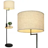 Depuley Stehlampe Wohnzimmer mit USB Anschluss & Holztisch, Moderne Led Stehleuchte Schwarz mit Kippschalter aus metall, E27 Retro Leselampe Standlampe für Esszimmer, Lesen, Sofas