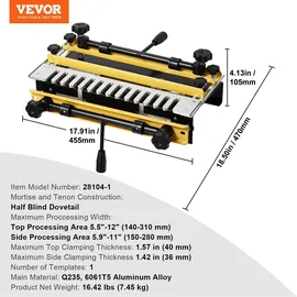 Vevor Zinkenfräsmaschine 31 cm Breit, Zinkenfrässchablone mit Fräser & 12,7-mm-Schablone, Präzise Ausrichtung, Zapfen- & Zapfenschneidvorrichtung, Werkzeug für Möbel- & Schrankherstellung