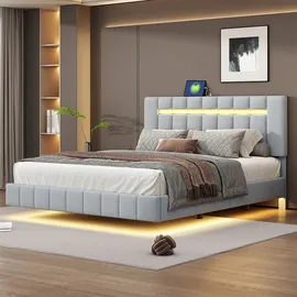 XDOVET Polsterbett mit LED-Leuchten und Kopfteildesign Doppelbett-Gästebett Hautfreundlichem Leinen 160 x 200 cm Grau - Grau