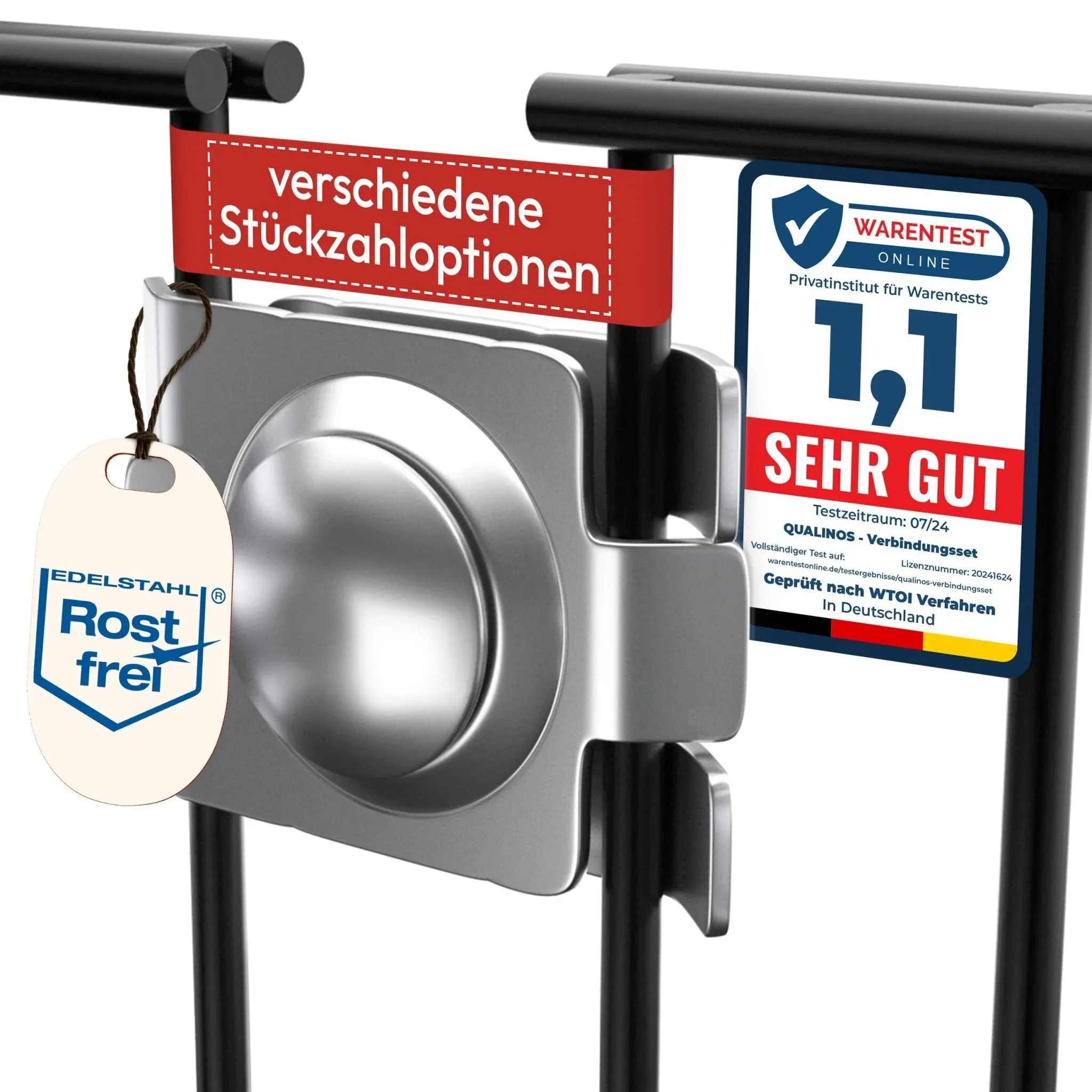 50 Stück – Qualinos Eck- & Längsverbinder Mini aus Edelstahl V2A (1.4301) für Doppelstabmatten und Gabionen, mit Flachrundschraube M8x25 (DIN 603), normaler Mutter M8, Abrissmutter M8 und Unterlegsche
