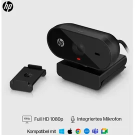 HP 320 All-in-One-Webcam (USB-A, 1080p/Full HD Auflösung, 360° schwenkbar, 66°-Weitwinkel, Belichtungskorrektur, Autofokus) Schwarz mit integrie...