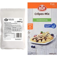 RUF Waffel-Mix, Großpackung, Grundmischung zur Herstellung von Waffeln im Waffeleisen, für Großküchen, Kantinen, Hotels und Restaurants, 1 x 2500g & Crepes-Teig, Backmischung, Großpackung, 1x1000g