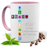 Blickfang KOMMUNION,FIRMUNG, KONFIRMATION, KIRCHEN SYMBOLE |FOTOTASSE |TASSE|MOTIV TASSE | BEDRUCKTE KAKAOTASSE TEETASSE GESCHENK|KERAMIK|TASSE (Rosa)