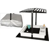 wondermake® Design Sandkasten mit Dach, Abdeckung Oxford 420D, Vliesfolie, Sandkiste Holz quadratisch verschließbar Outdoor Garten für Kinder, schwarz weiß