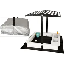 wondermake® Design Sandkasten mit Dach, Abdeckung Oxford 420D, Vliesfolie, Sandkiste Holz quadratisch verschließbar Outdoor Garten für Kinder, schwarz weiß
