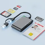USB C + USB-A Smart Card Reader 6-in-1 Militär SIM CAC Kartenleser, Multi Speicherkarten Lesegerät DOD Military Kartenleser für CAC SIM SD M2 MS Micro-SD MMC, Smartcard Leser ISO 7816 Klasse A,B,C