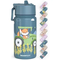 Bearfoot Trinkflasche Kinder Edelstahl mit Strohhalm - Thermosflasche 400ml - BPA frei - auslaufsicher - Kleinkinder, Mädchen & Jungen Wasserflasche für Schule, Kindergarten (Blau - Traktor Fuchs)